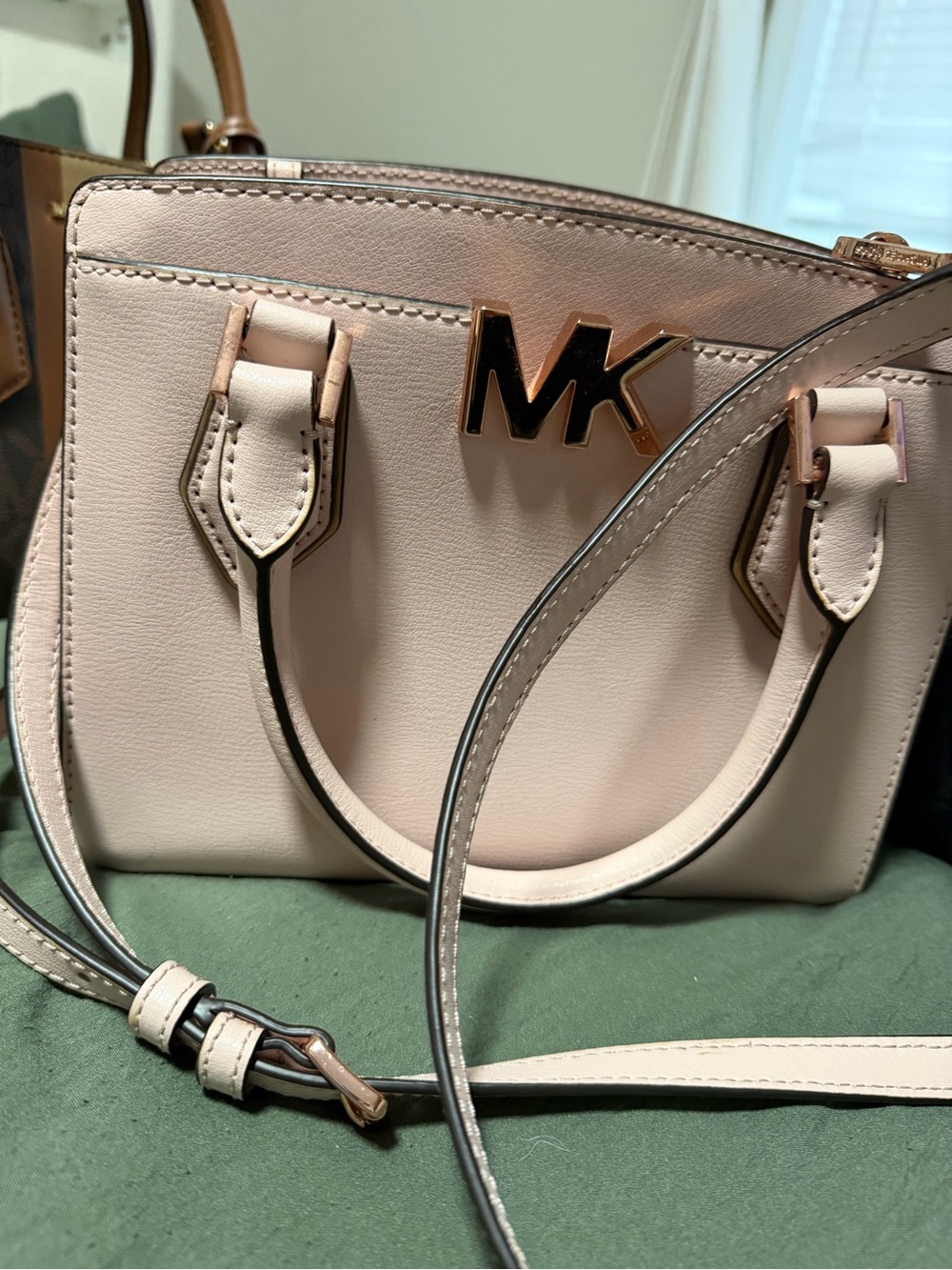 Michael Kors Pale Pink Leather Crossbody Satchel with Gold MK Accent